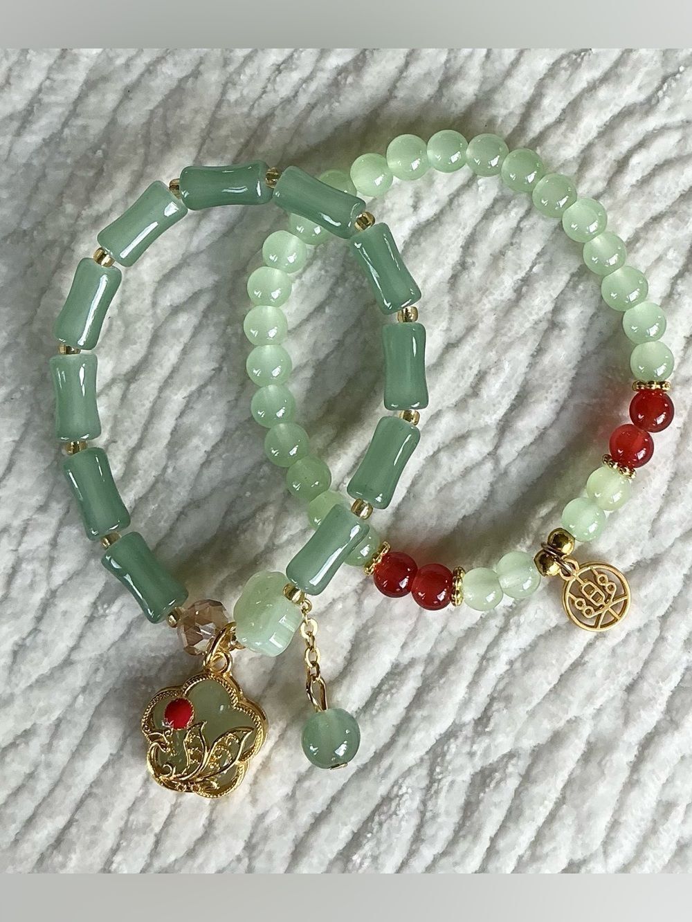 Aqua Beaded Stretch Bracelets with Gold accents - Cute Charms (Pair)
